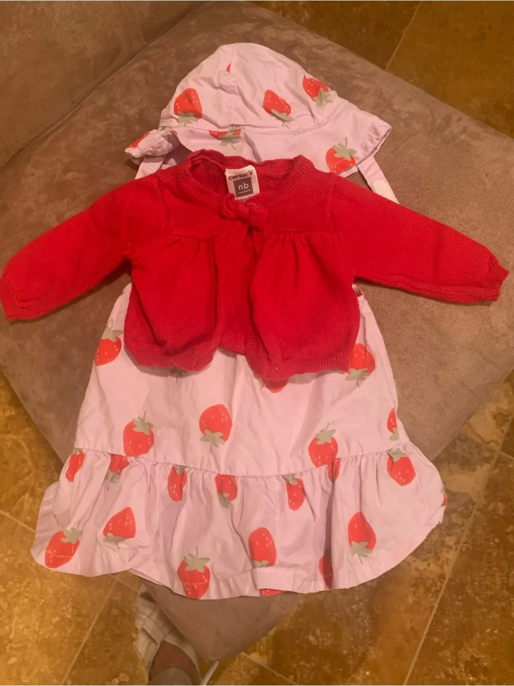 Strawberry Print Newborn Dress with matching Hatans Rec Cardigan